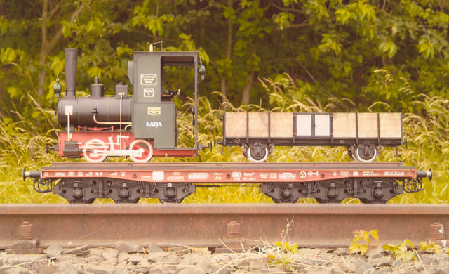 Flachwagen SSamms (Spur 5) von Karl Decker und Schmalspurlok sowie Schmalspurwagen (Spur 3) von Klaus Decker, August 2006.